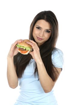 Model Released. Woman Eating Homemade Beefburger