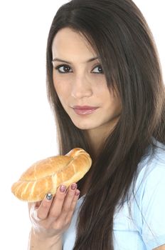 Model Released. Woman Eating Cornish Pasty