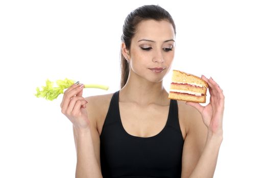 Model Released. Woman Holding Cake and Celery