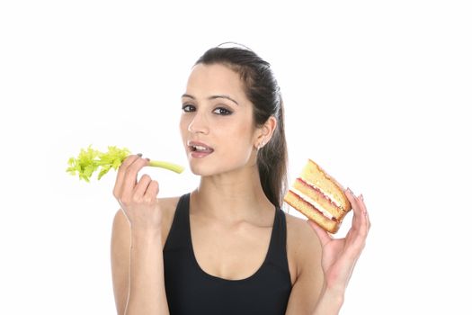 Model Released. Woman Holding Cake and Celery