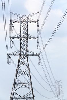 High voltage electricity pylon and blue sky