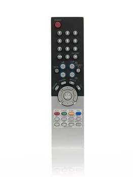 A remote control isolated against a white background