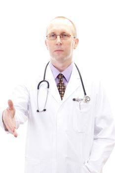 Medical doctor welcomes you by handshake