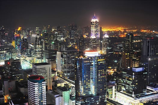 Aerial view of Bangkok at night. Thai