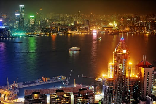 Panorama of Kowloon island at night. Hong Kong 