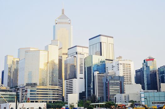 Hong Kong business center at sunset