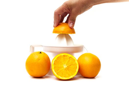 juicer with oranges on a white background