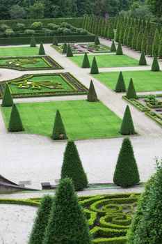 Elaborate formal garden with green plants in a geometrical pattern