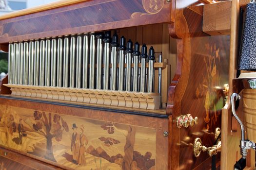 Beautiful pipe organ with elaborate inlay woodwork