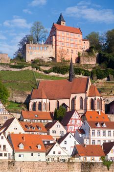 Ancient town village of Hirschhorn in Hesse district of Germany on banks of Neckar river