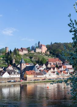 Ancient town village of Hirschhorn in Hesse district of Germany on banks of Neckar river