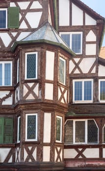 Wooden window turret in ancient tourist town city of Mosbach in Southern Germany