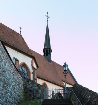 Carmelite Monastery Church of ancient town village of Hirschhorn in Hesse district of Germany on banks of Neckar river