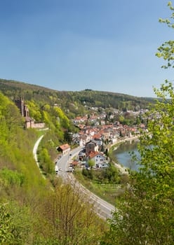 Ruins of ancient Mittelburg castle on hillside above Neckarsteinach on river Neckar in southern Germany
