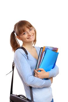 Happy smiling student standing and holding books