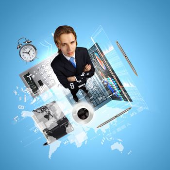 Modern technology illustration with computers and business person