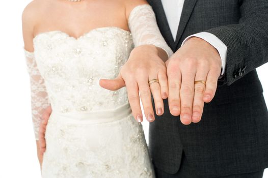 Cropped image of a bridal couple displaying their wedding bands