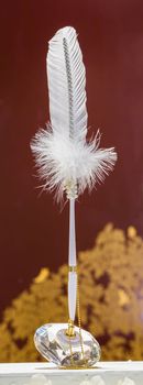 White pen decoration with white feather and golden chain