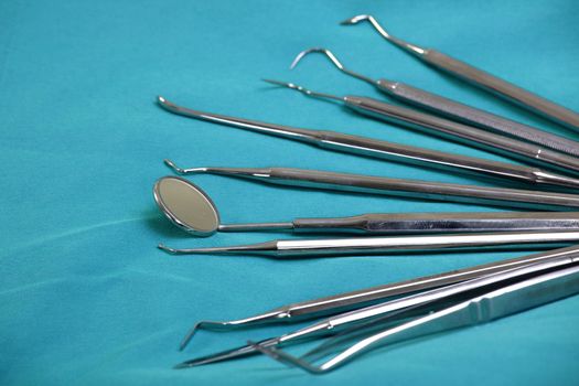 Set of metal medical equipment tools for teeth dental care