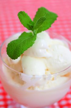 ice cream with mint in a glass bowl on plaid fabric
