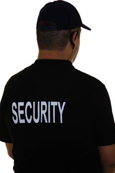 back of a security guard isolated on white