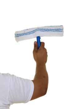 hand with window cleaning tool