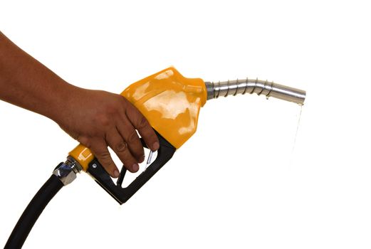 Male hand wasting gas with yellow pump isolated on white