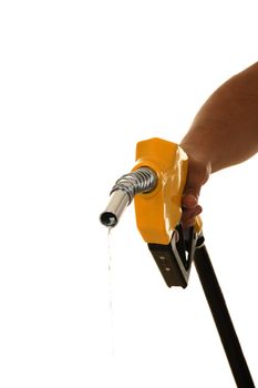 Male hand wasting gas with yellow pump isolated on white