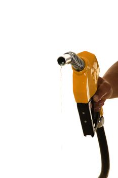 Male hand wasting gas with yellow pump isolated on white