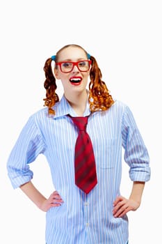 Teenager girl with pigtails in red glasses