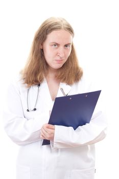 Young female doctor with clipboard waiting for next patient