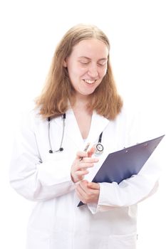 Happy female doctor reading patients file