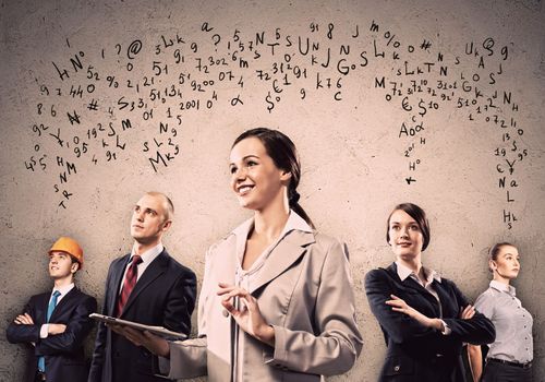 Image of young businesspeople team. Collage background