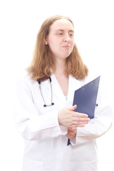 Female medical doctor welcomes you to consultation