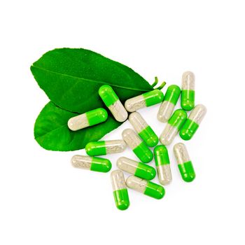 The capsules are green, two green leaf isolated on white background