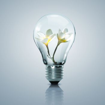 Electric light bulb and flower inside it as symbol of green energy