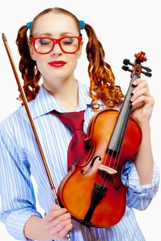 Young funny woman in red glasses holding violin