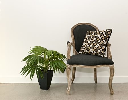 Antique armchair furniture with houseplant against white wall, interior design concept