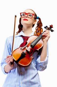 Young funny woman in red glasses holding violin
