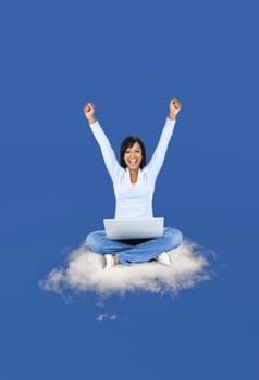 Happy black woman with computer sitting on cloud