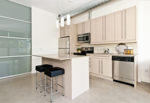 Kitchen in modern loft condo with island and stainless steel appliances