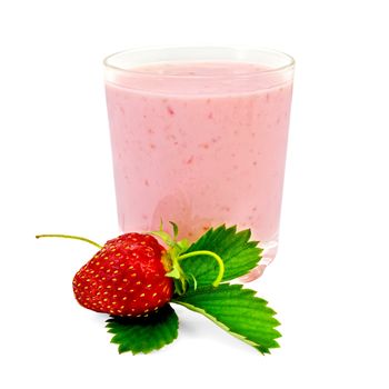 The glass of milkshake, one berry and a green leaf of strawberry are isolated on a white background