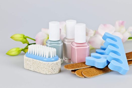 Pedicure accessories and tools with nail polish