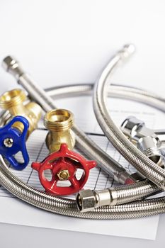 Plumbing valves hoses and assorted parts with estimate sheet