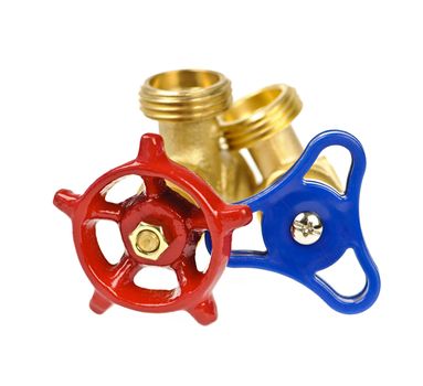 Blue and red plumbing valves isolated on white background