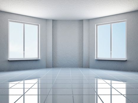 The empty white room with two windows