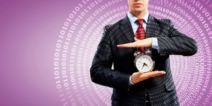 Image of businessman holding alarmclock against illustration background