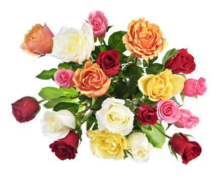 Bouquet of assorted multicolored roses from above isolated on white background