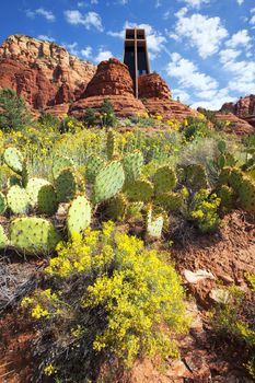 Vertical view of the famous Chapel of the Holy Cross set among red rocks in Sedona