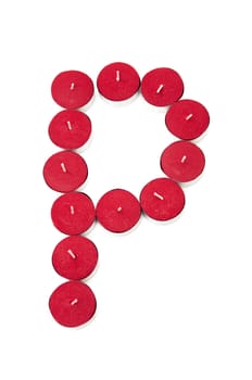 Letter P formed by candles on a white background